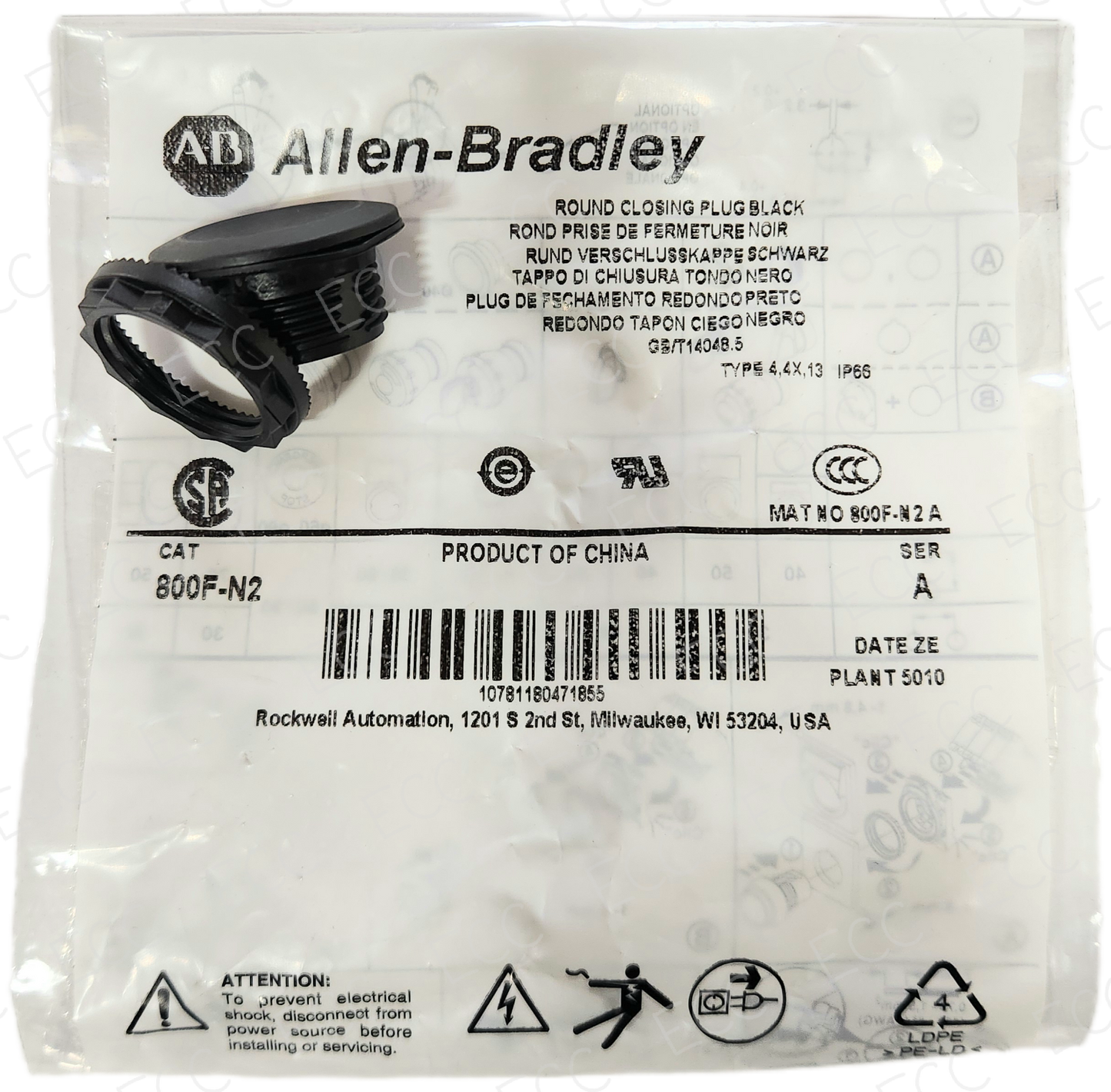 800F-N2 Allen Bradley Round Closing Plug, Black