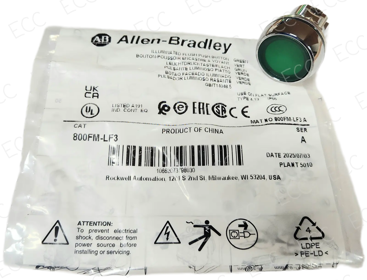 800FM-LF3 Allen Bradley Push Button Illuminated, Green