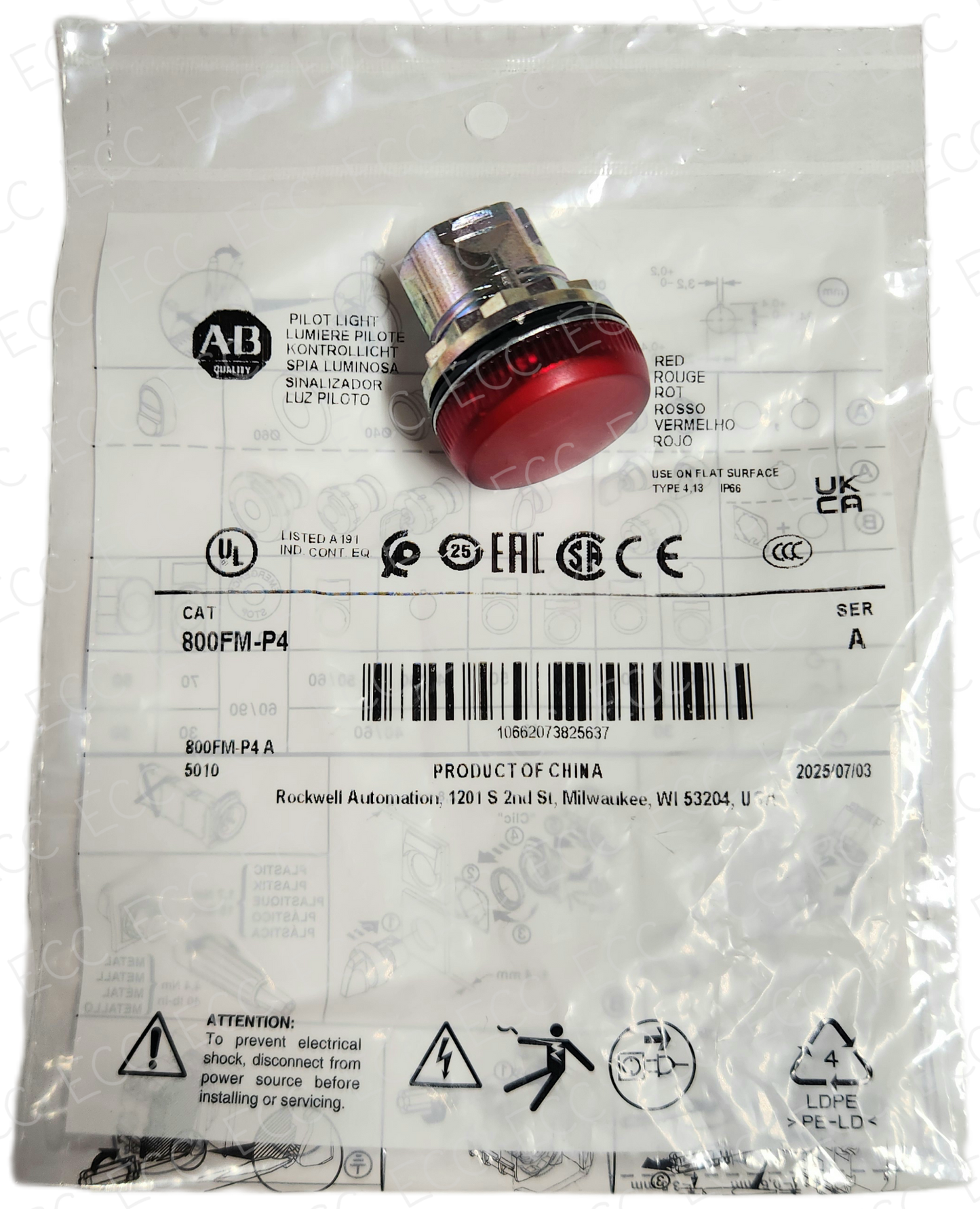 800FM-P4 Allen Bradley Pilot Light, Red