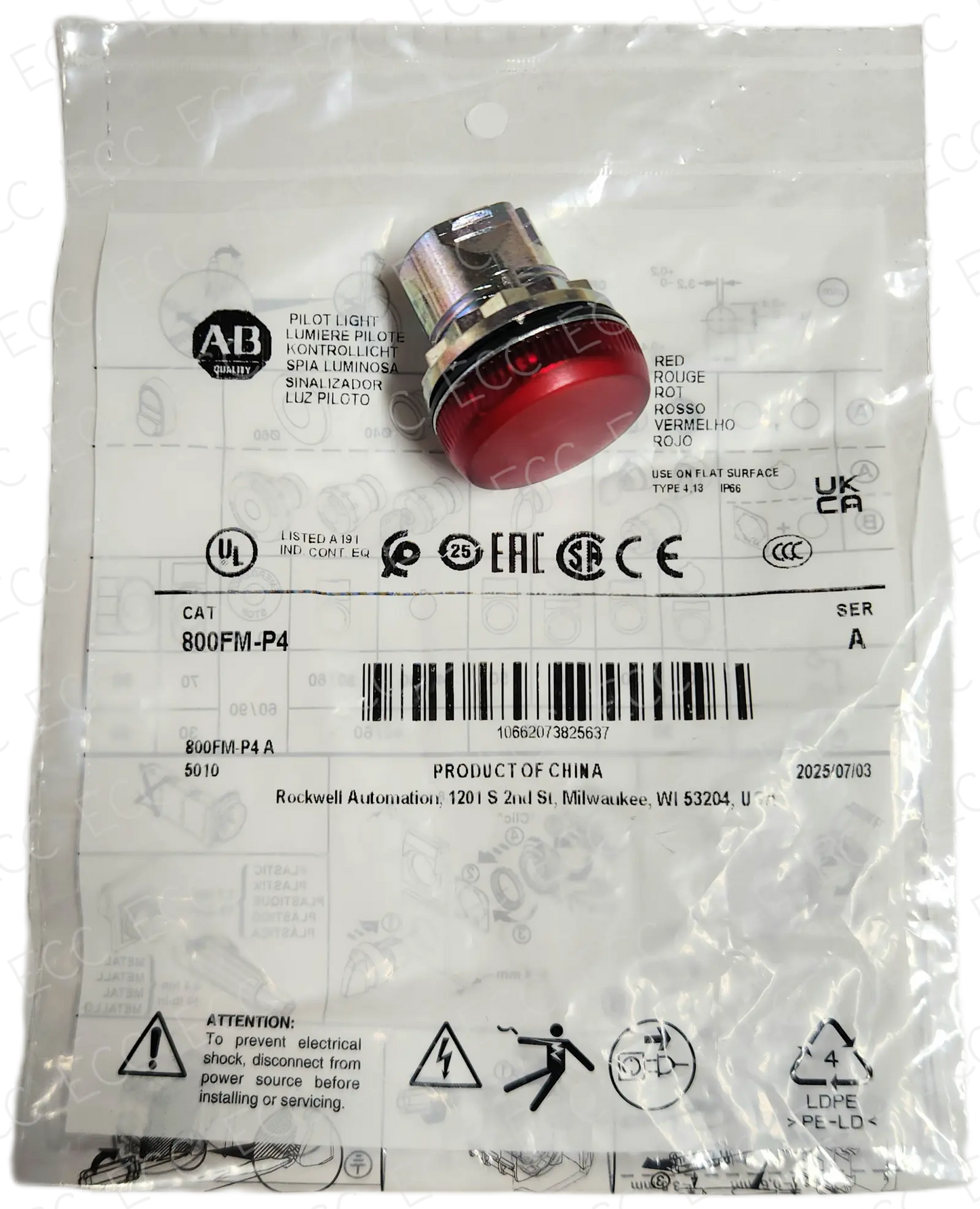 800FM-P4 Allen Bradley Pilot Light, Red