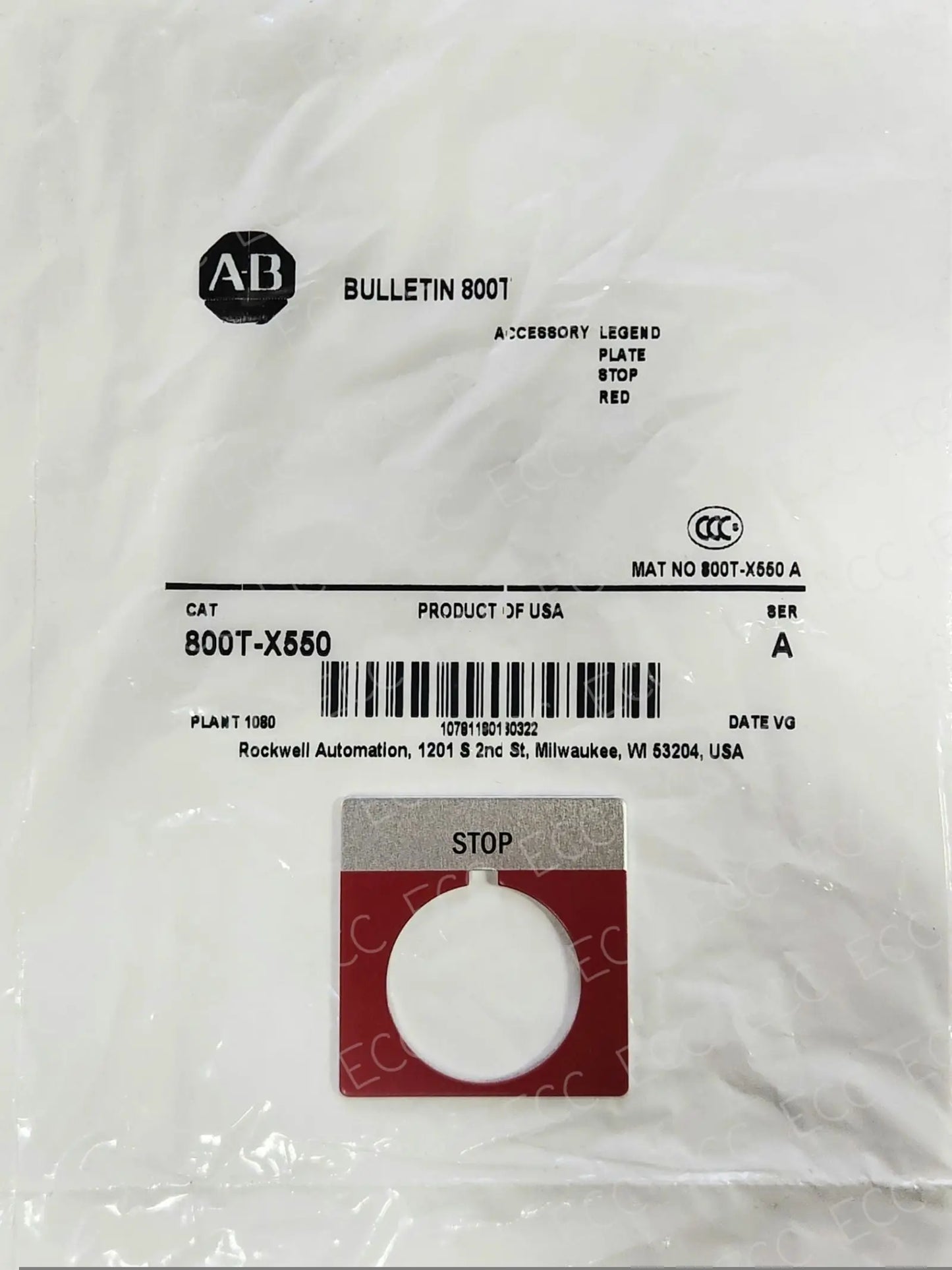 800T-X550 Allen Bradley 30mm Legend Plate, "STOP"