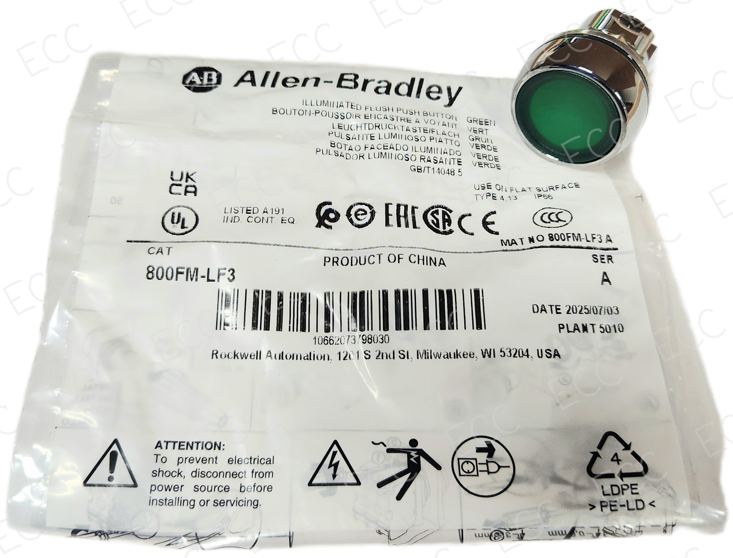 800FM-LF3   Allen Bradley Push Button Illuminated, Green