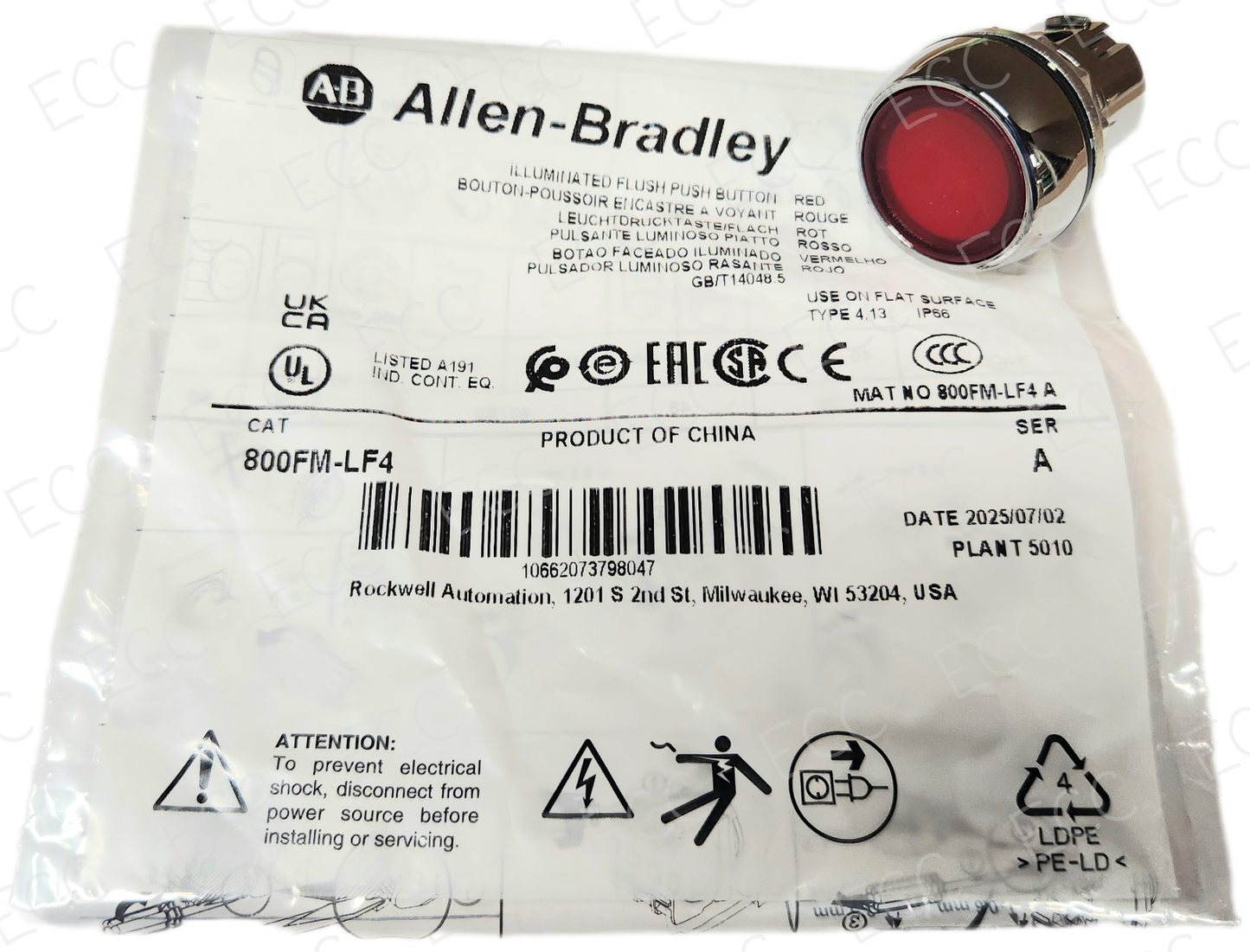 800FM-LF4   Allen Bradley Push Button Illuminated, Red