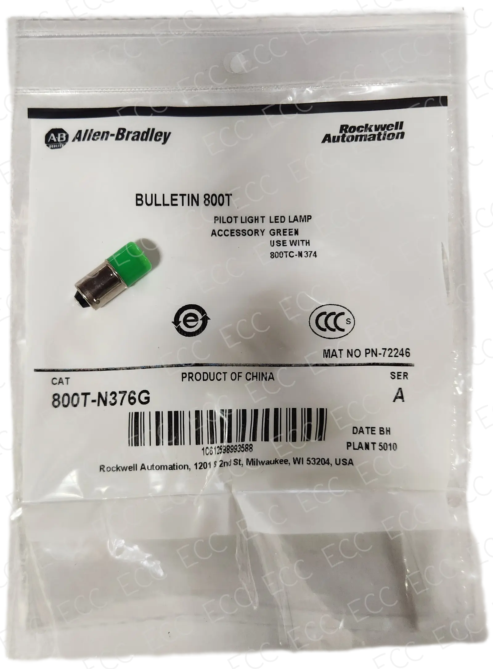 800T-N376G Allen Bradley Pilot Light LED Lamp - Green   East Coast Compactor, Corp.