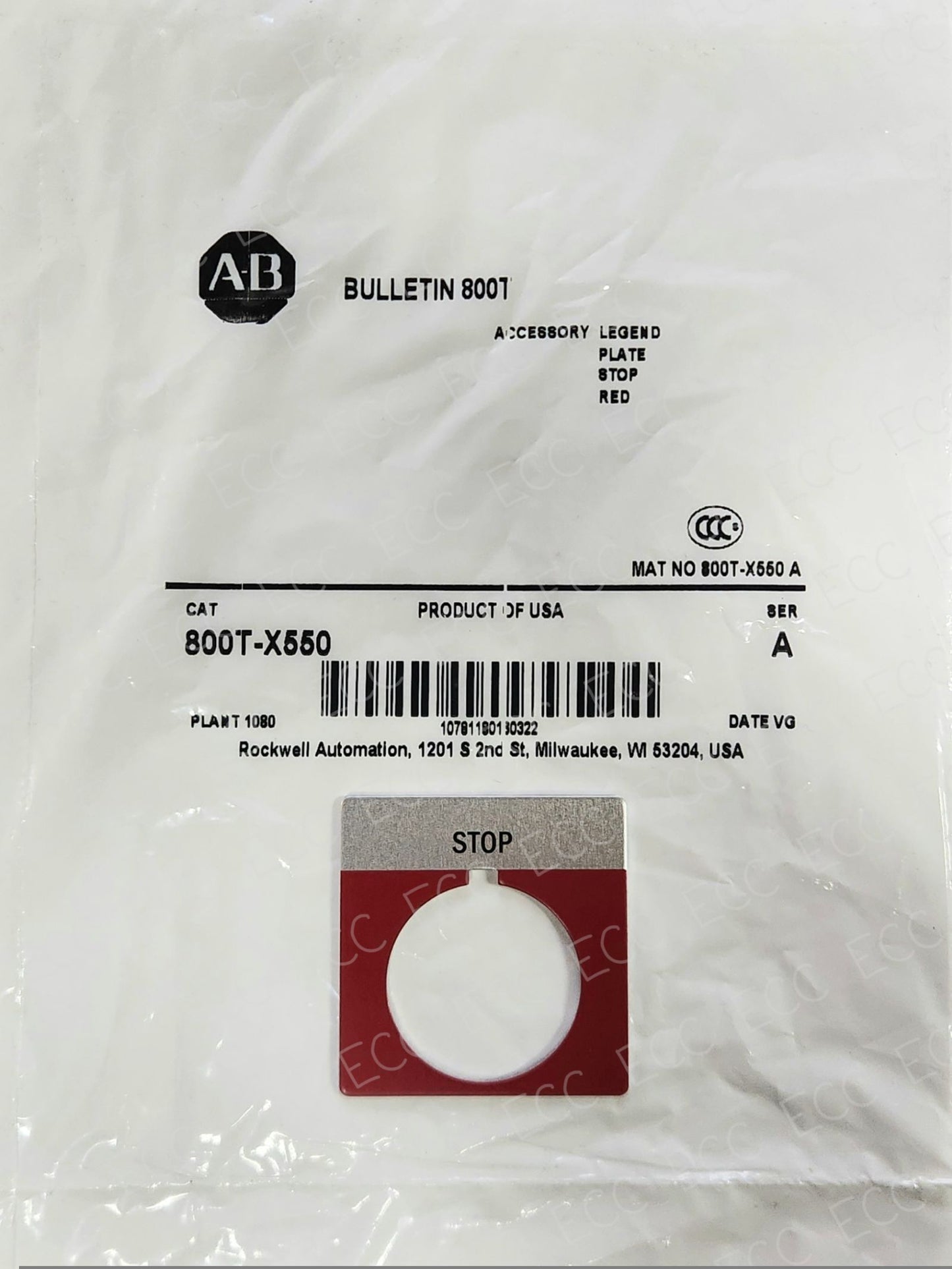 800T-X550   Allen Bradley 30mm Legend Plate, "STOP"