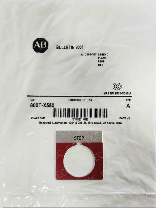 800T-X550   Allen Bradley 30mm Legend Plate, "STOP"